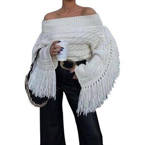Women’s White Unybwonn Off Shoulder Tassel Knit Cropped Y2K Sweater